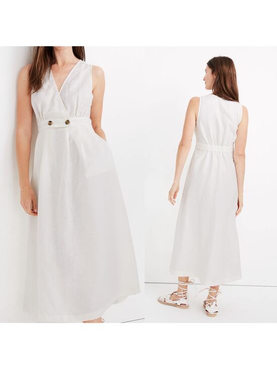 Madewell Dresses & Skirts - MADEWELL White Button Waist Cotton/Linen Blend Wrap Midi Dress US 6 NWT